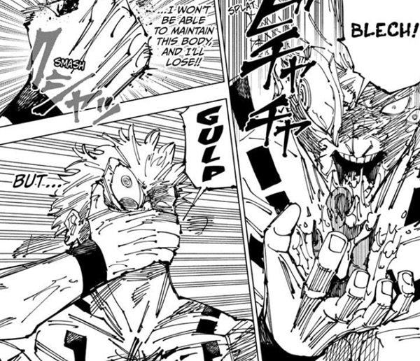 Sukuna throw up his fingers and eats them again in JJK 263